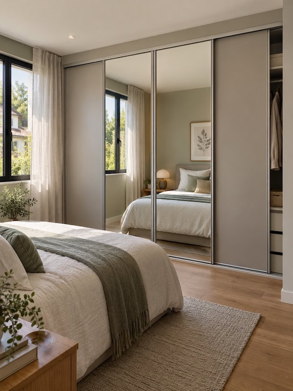 Calm Scandinavian Bedroom with Mirrored Wardrobe