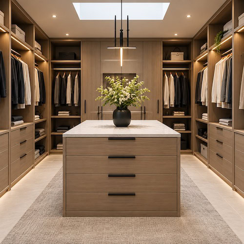 Luxurious Symmetrical Island & Drawer Units Walk-In Wardrobe