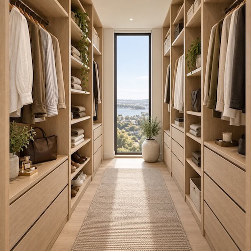 Serene Oak Galley Walk-In Wardrobe with Harbour View