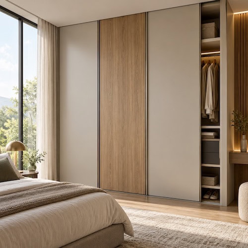 Serene Oak and Stone Floor to Ceiling Sliding Wardrobe Bedroom