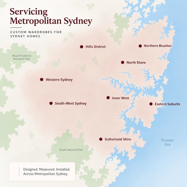 Sultan's Wardrobes custom wardrobe service areas across metropolitan Sydney