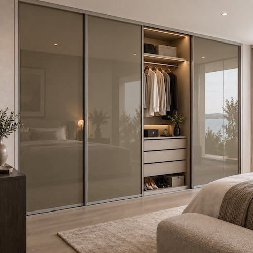 Taupe Glass Sliding Doors Wardrobe Bedroom