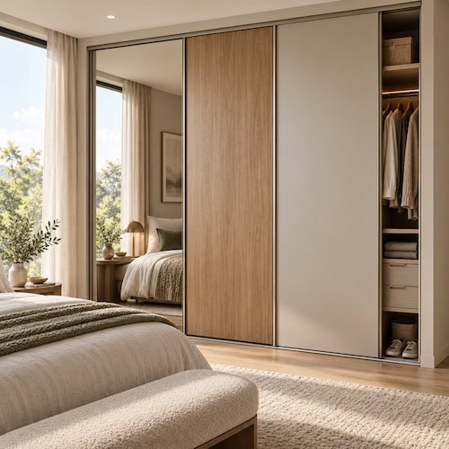 Warm Minimalist Bedroom Sliding Wardrobe with Mixed Panel Doors