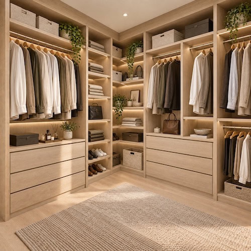 Warm Minimalist Oak L-Shaped Walk-In