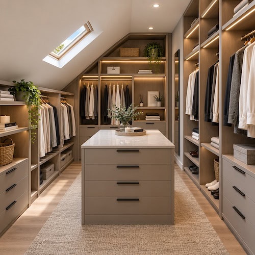 Warm Modern Attic Walk-In Wardrobe